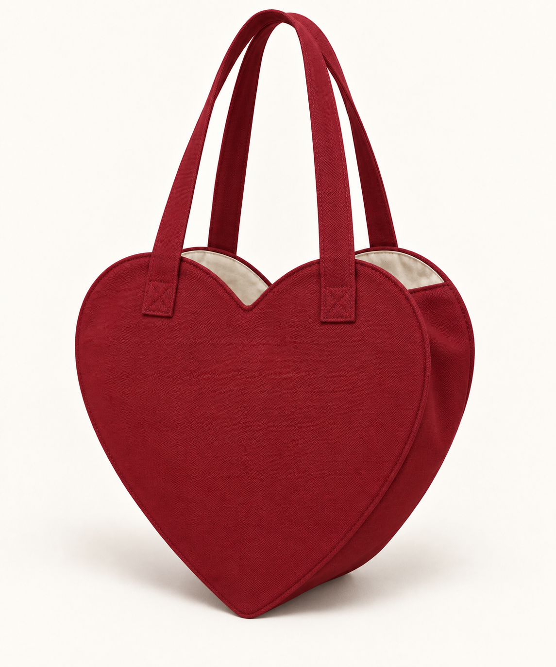 AI design preview: rear three-quarter view of the plain cranberry heart tote and its side gusset.