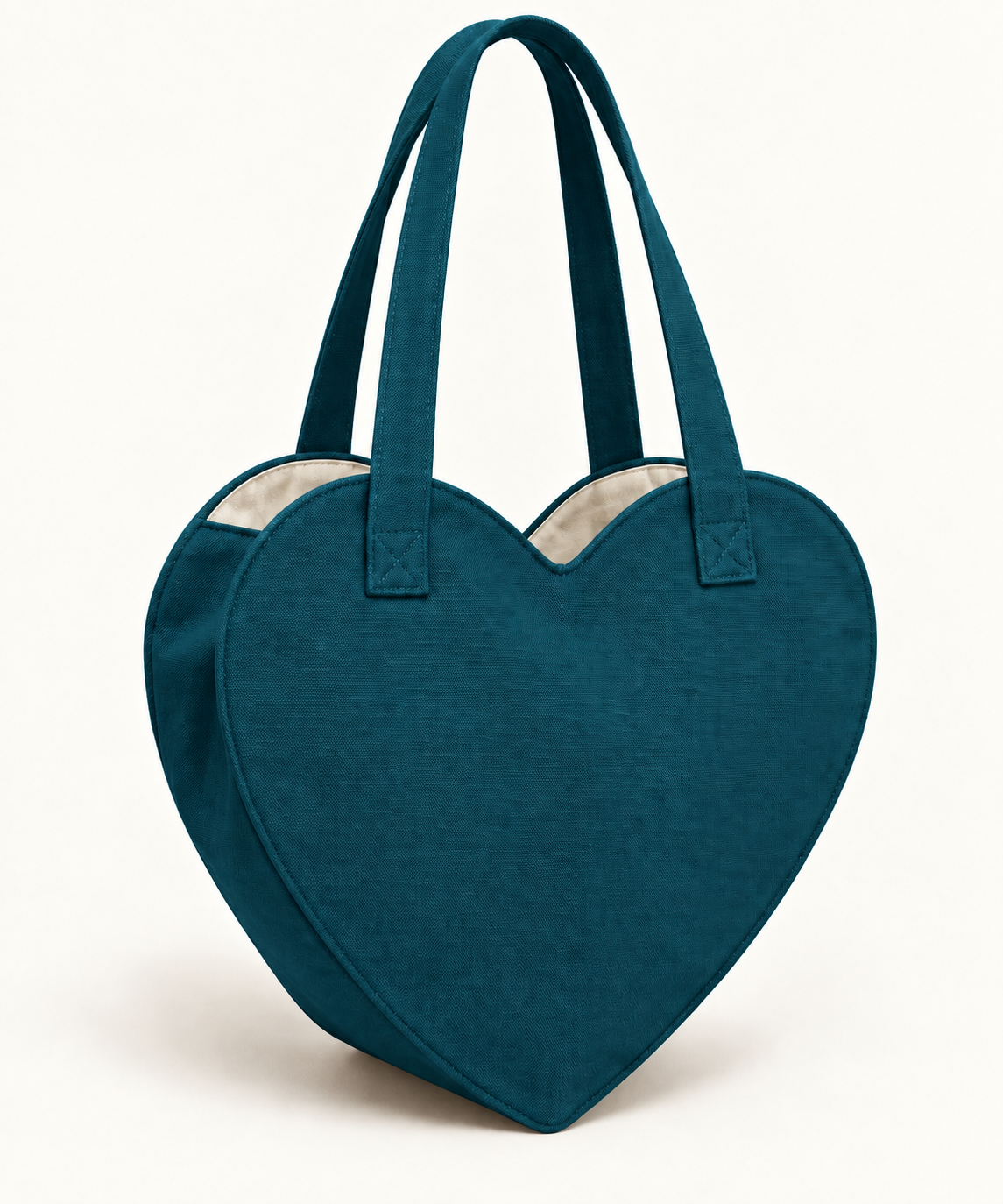 AI design preview: petrol-teal heart tote with the same two handles, shaped open rim and ivory lining.