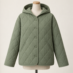AI design preview: sage hooded quilted jacket front with five buttons, two slanted welt pockets, dropped shoulders and bound edges