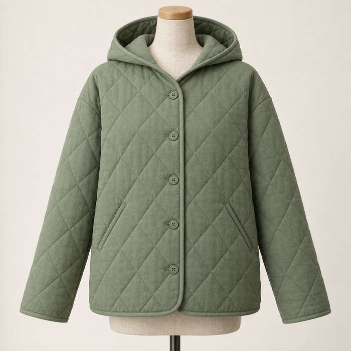 AI design preview: sage hooded quilted jacket front with five buttons, two slanted welt pockets, dropped shoulders and bound edges