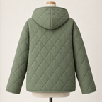 AI design preview: sage quilted jacket back with lowered center-seam hood, uninterrupted diamond-quilted body and long loose sleeves