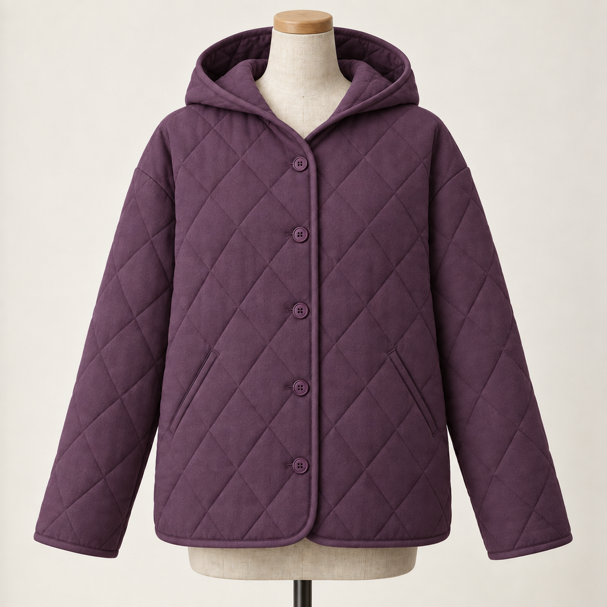 AI design preview: aubergine color of the same hooded quilted jacket with five front buttons, slanted welts and matching bound edges
