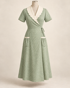 AI concept illustration of 1930s hooverette wrap house dress, front view in alternative soft green microcheck, on a mannequin.