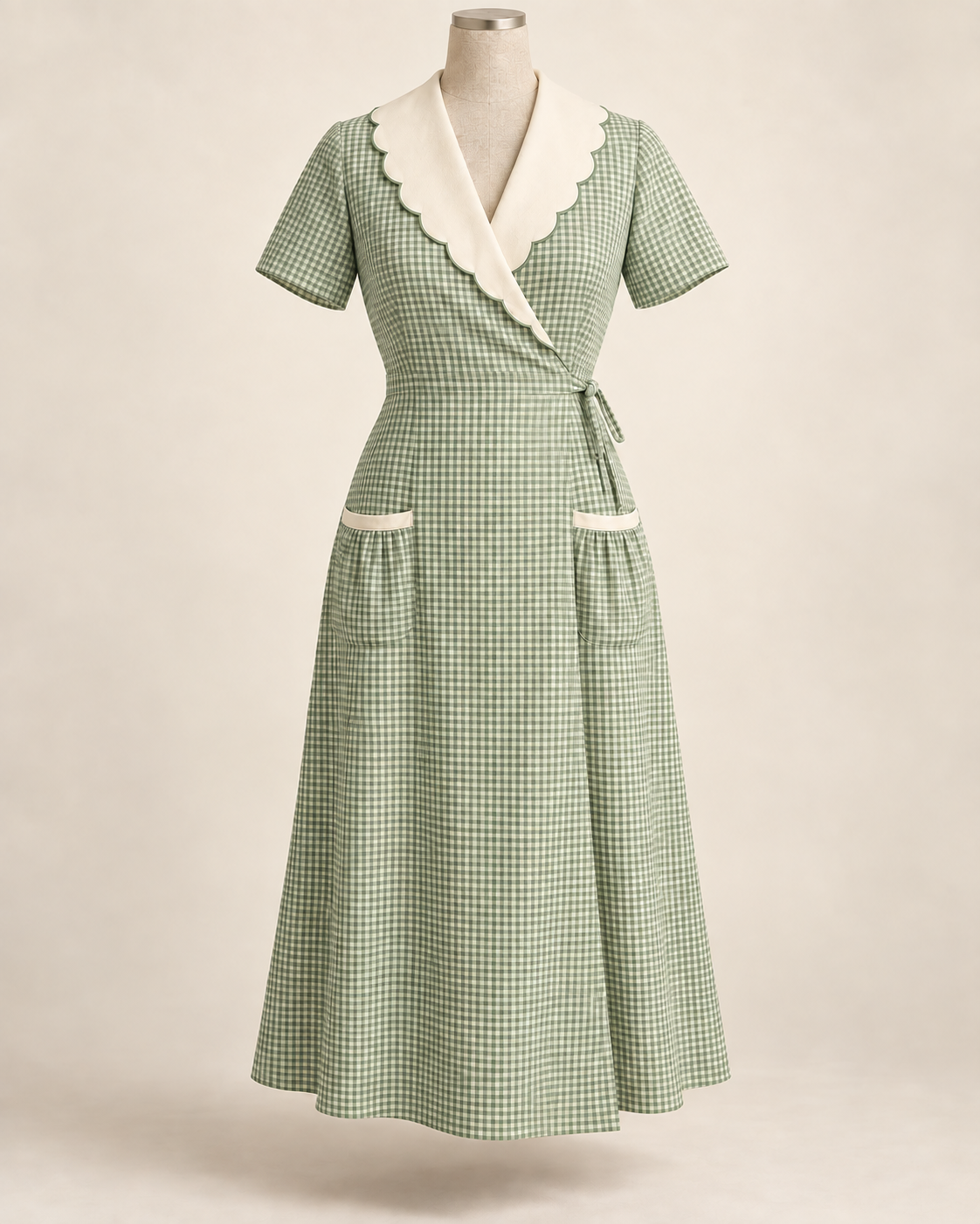 AI concept illustration of 1930s hooverette wrap house dress, front view in alternative soft green microcheck, on a mannequin.