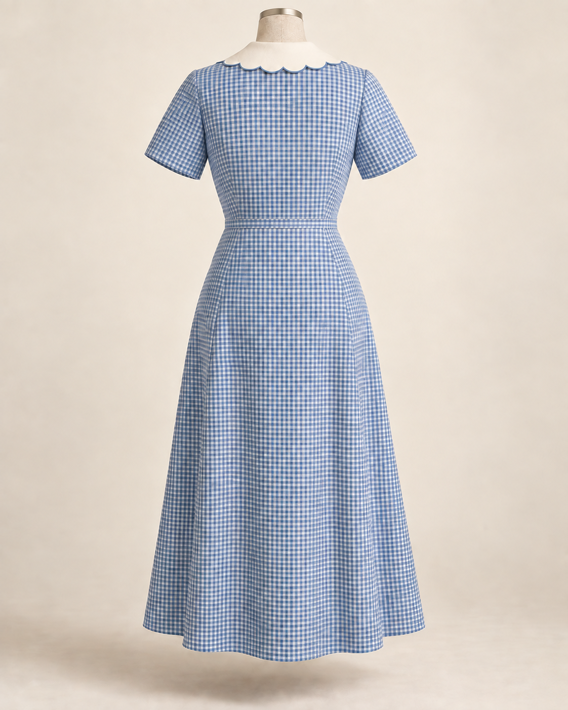 AI concept illustration of 1930s hooverette wrap house dress, back view in cornflower blue microcheck, on a mannequin.