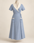 AI concept illustration of 1930s hooverette wrap house dress, front view in cornflower blue microcheck, on a mannequin.