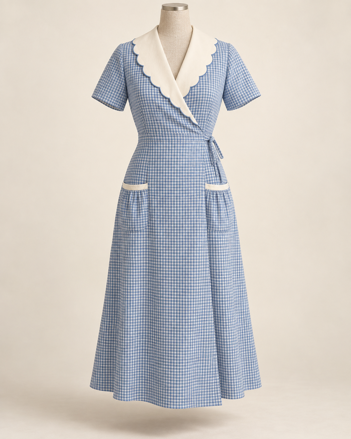 AI concept illustration of 1930s hooverette wrap house dress, front view in cornflower blue microcheck, on a mannequin.