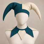 AI design preview: petrol teal and ivory version of the same two-point jester hat and pointed collar