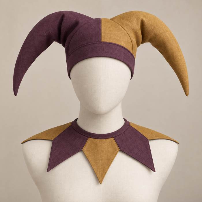 AI design preview: aubergine and gold two-point jester hat with separate pointed shoulder collar from the front