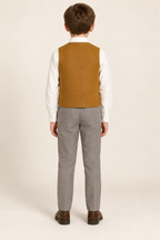 AI design preview: same child and ochre waistcoat showing a plain back and straight rear hem without adjustment straps, rear view