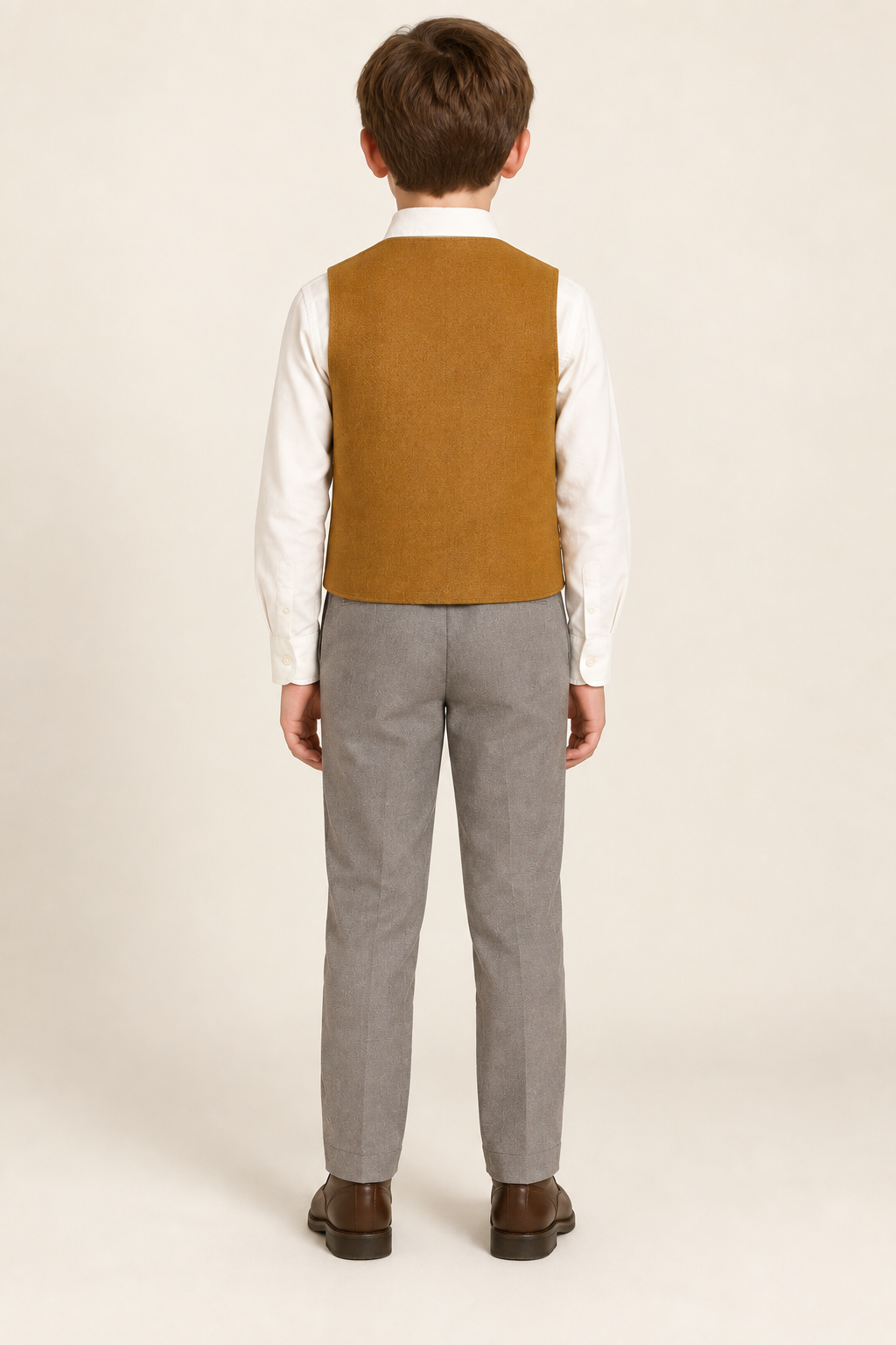 AI design preview: same child and ochre waistcoat showing a plain back and straight rear hem without adjustment straps, rear view