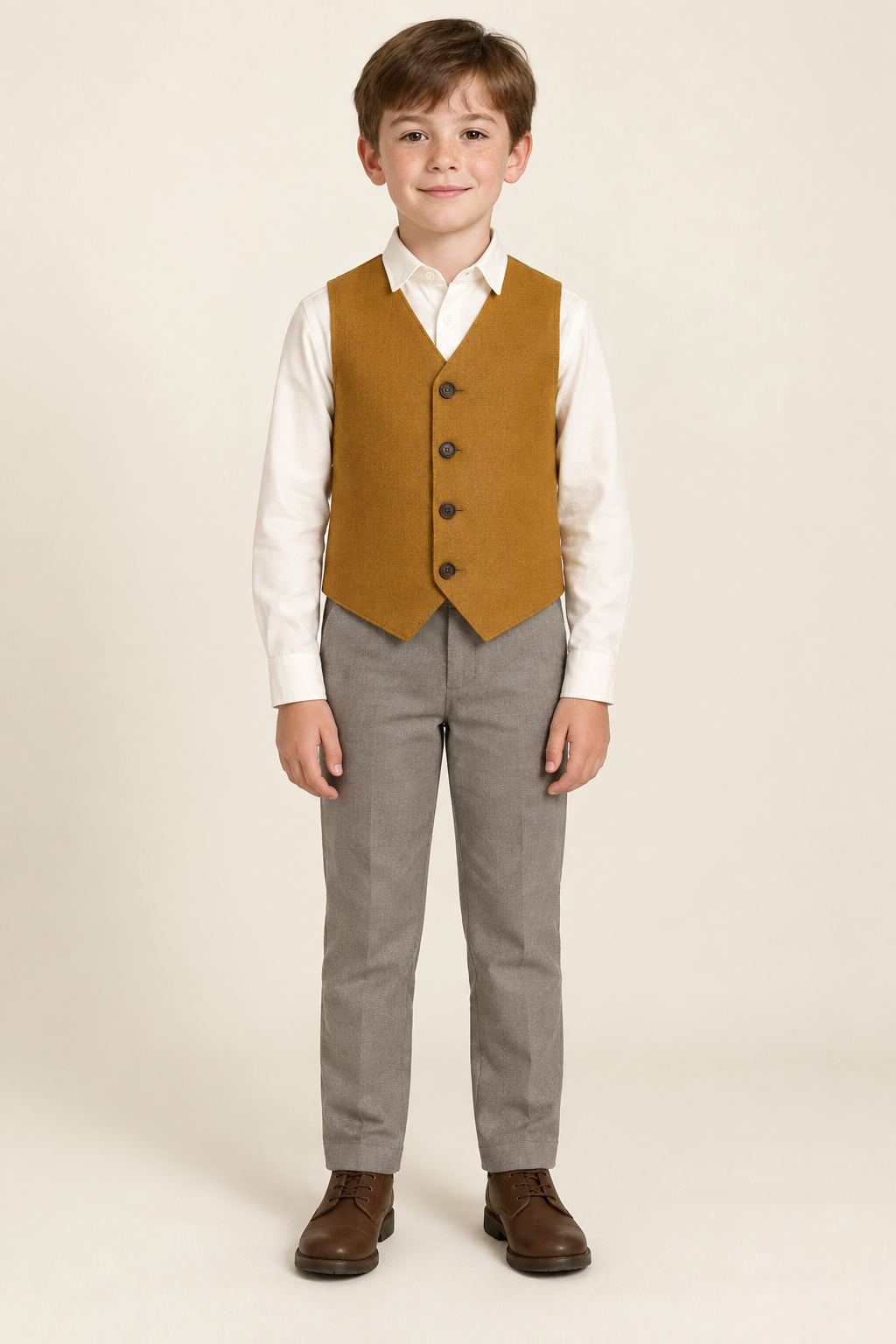 AI design preview: child in an ochre waistcoat with V neckline, four buttons and pointed lower fronts over an ivory shirt, front view