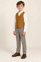AI design preview: ochre kids button-front waistcoat on the same child, with four buttons and pointed fronts visible in three-quarter view