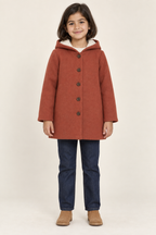 AI design preview: child in a terracotta hooded coat with five front buttons, plain long sleeves and upper-thigh hem, front view