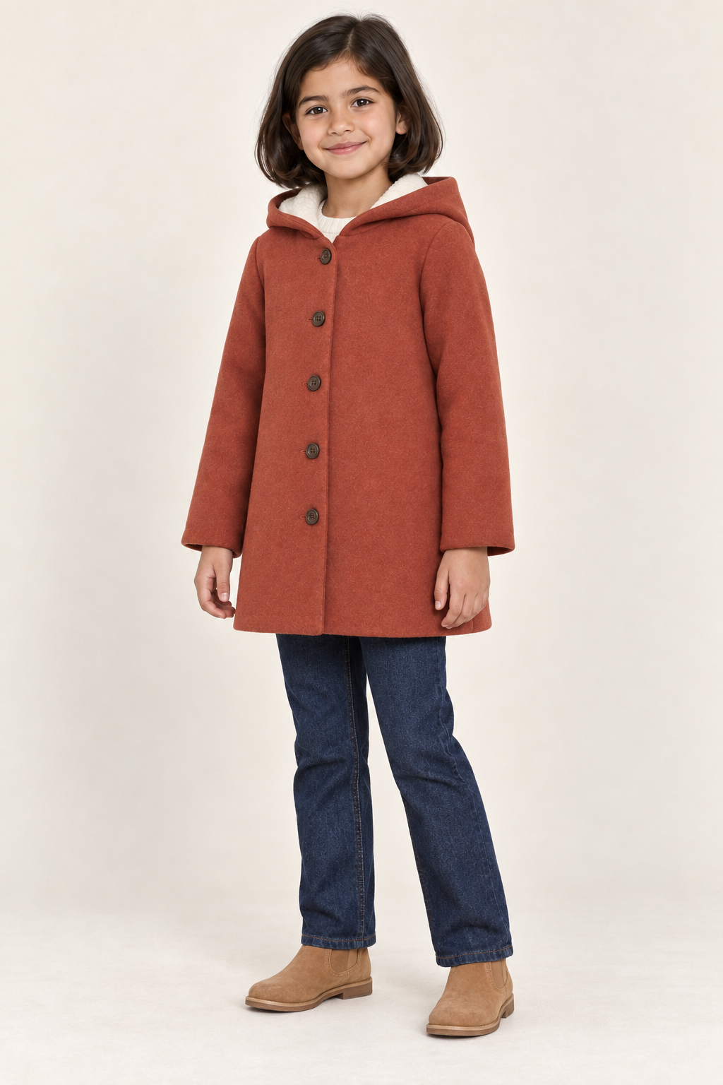 AI design preview: terracotta kids hooded coat on the same child, showing five buttons and ivory hood lining in three-quarter view