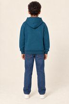AI design preview: same child and petrol-teal hoodie with plain back, center-seamed hood and rib lower band, rear view