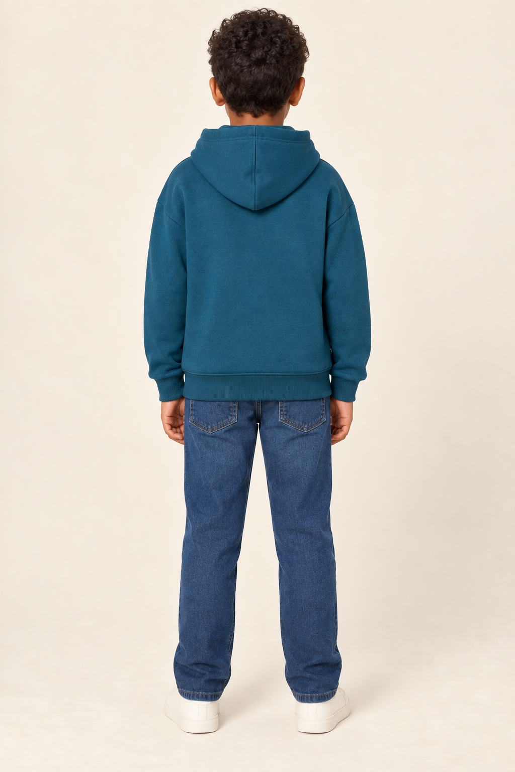 AI design preview: same child and petrol-teal hoodie with plain back, center-seamed hood and rib lower band, rear view
