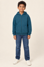 AI design preview: child in a petrol-teal zip-up hoodie with cord-free hood, two split kangaroo pockets and rib cuffs, front view