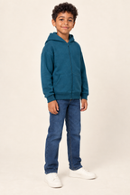 AI design preview: petrol-teal kids hoodie on the same child, showing full front zipper, split pockets and dropped shoulders in three-quarter view