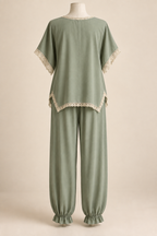 AI back preview of the sage lounge set showing wide sleeves and separate full-length trousers