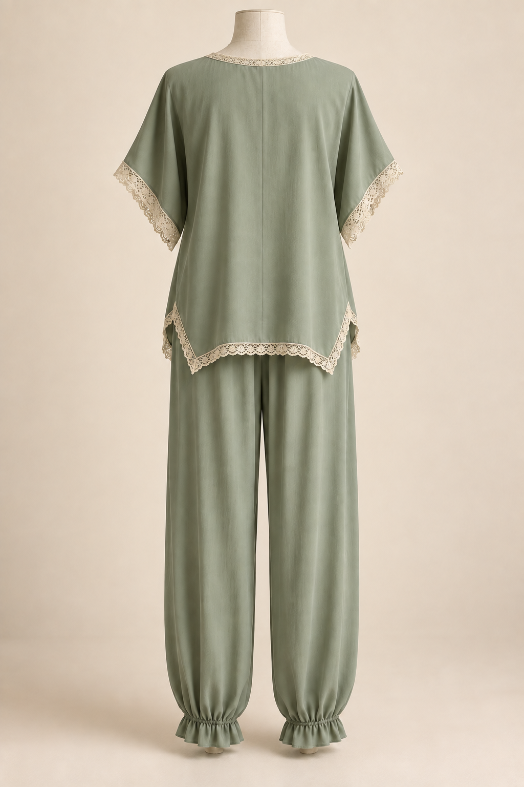 AI back preview of the sage lounge set showing wide sleeves and separate full-length trousers