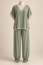 AI front preview of the sage kimono lounge pajama set with angular tunic hem and gathered ankles