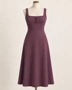 AI preview: muted-plum knit midi dress with broad straps, square neckline and a covered lace-up front.