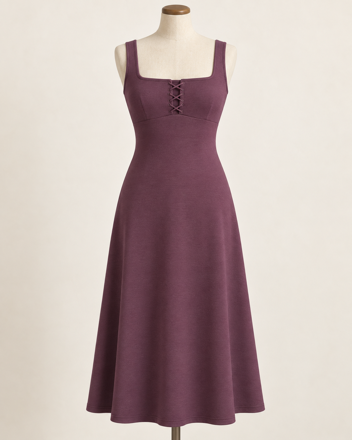 AI preview: muted-plum knit midi dress with broad straps, square neckline and a covered lace-up front.