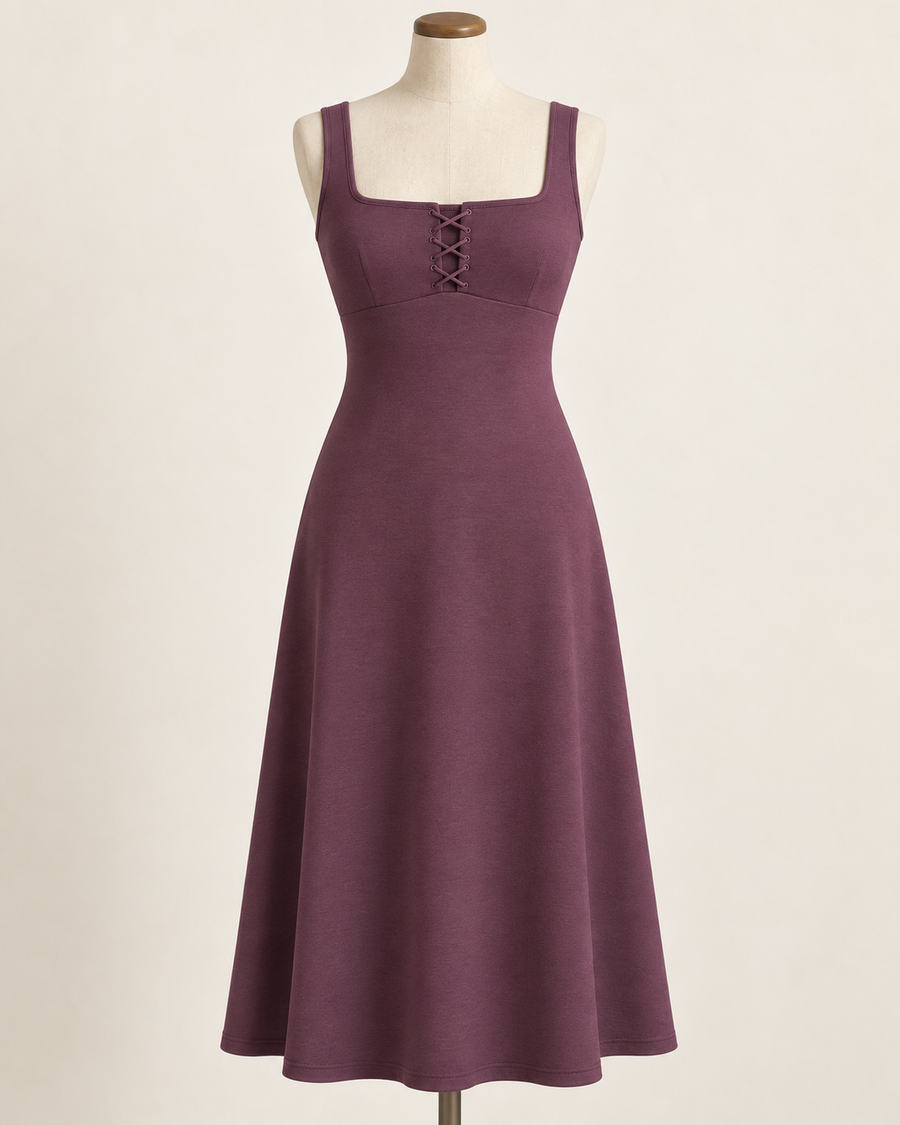 AI preview: muted-plum knit midi dress with broad straps, square neckline and a covered lace-up front.