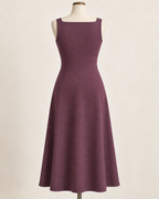 AI preview: closed back of the plum knit midi with a higher square neckline and smooth flared skirt.