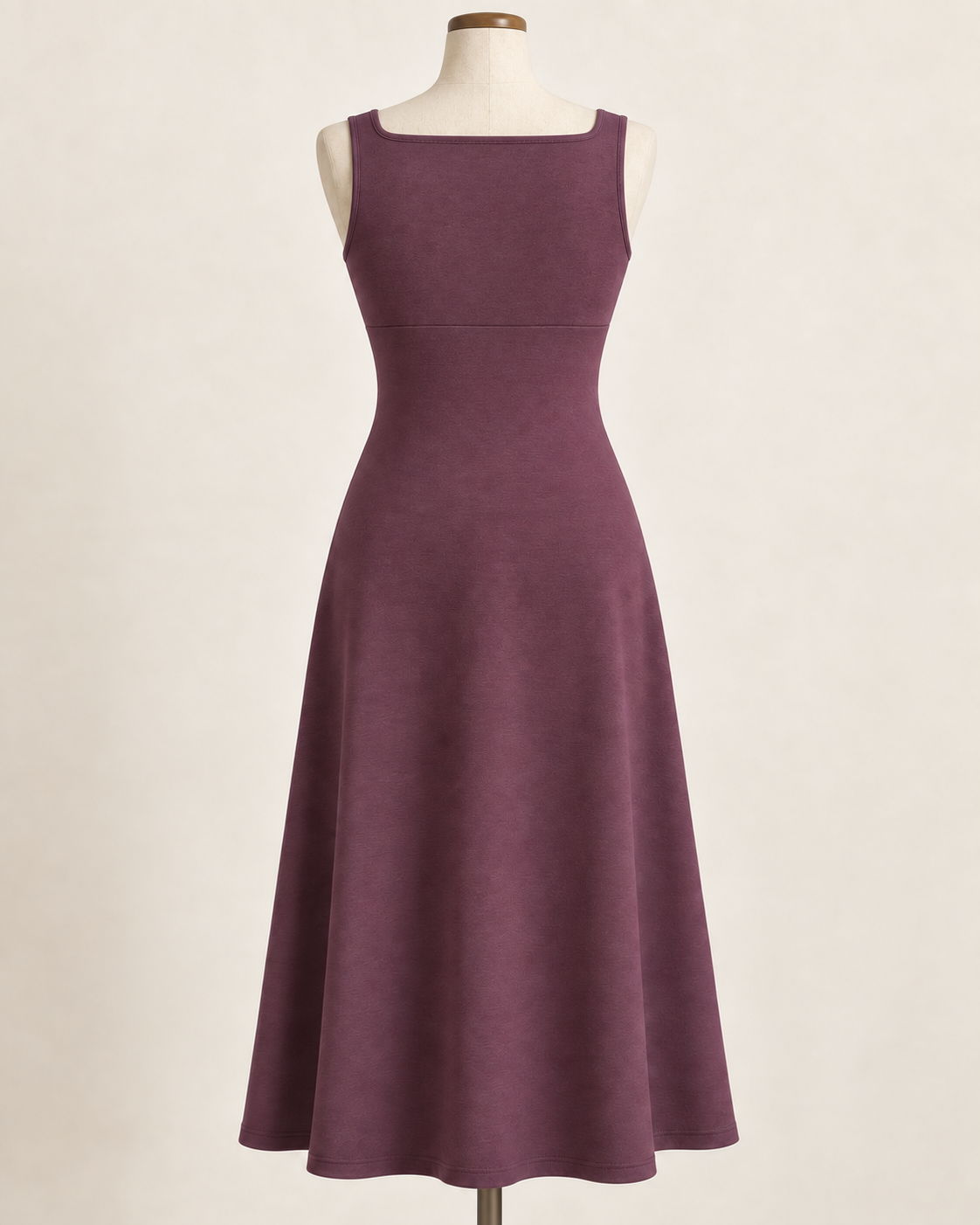 AI preview: closed back of the plum knit midi with a higher square neckline and smooth flared skirt.