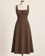 AI preview: warm-cocoa color option of the same covered lace-front knit midi dress.