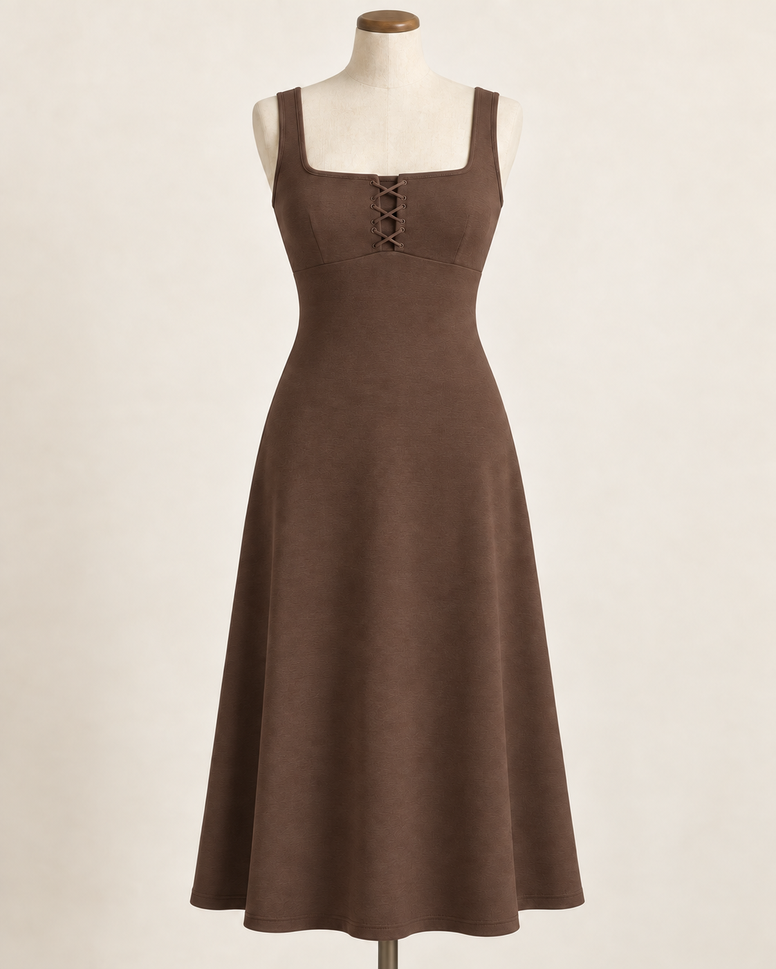 AI preview: warm-cocoa color option of the same covered lace-front knit midi dress.