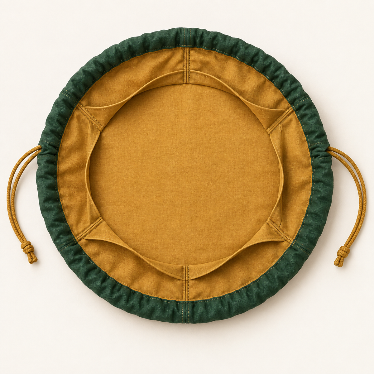 AI design preview: forest-green and ochre lay-flat dice pouch open with six inner pockets around a clear circular center.