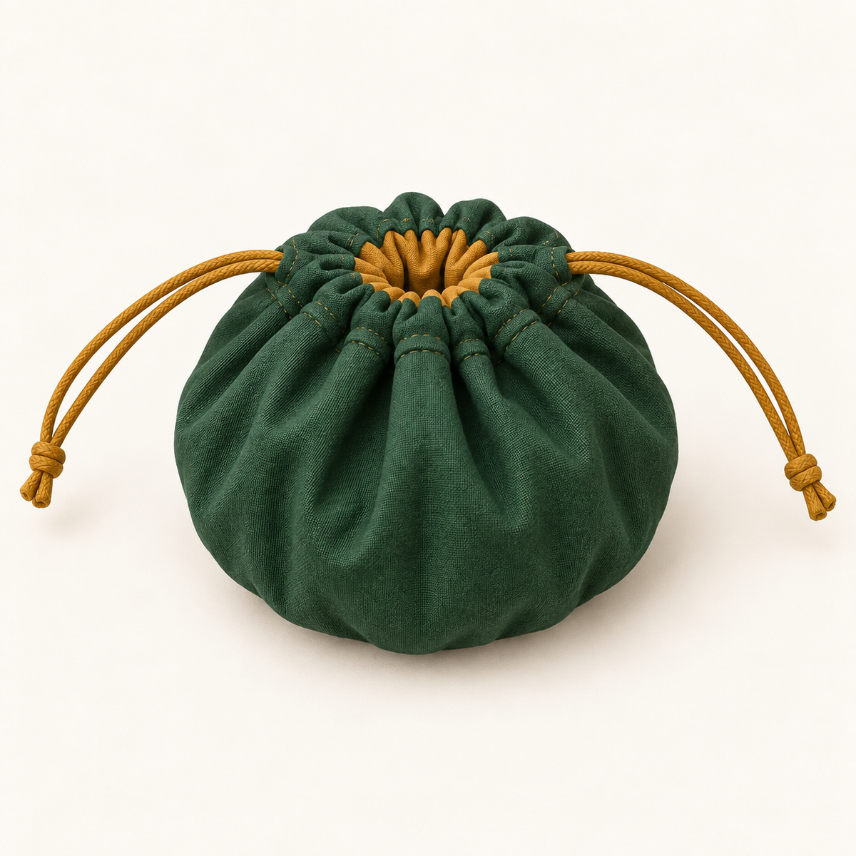 AI design preview: the green dice pouch gathered by opposed ochre drawcords, with its pockets folded inside.