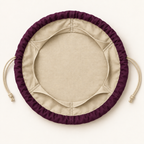 AI design preview: plum and flax color option of the same open six-pocket circular dice bag.
