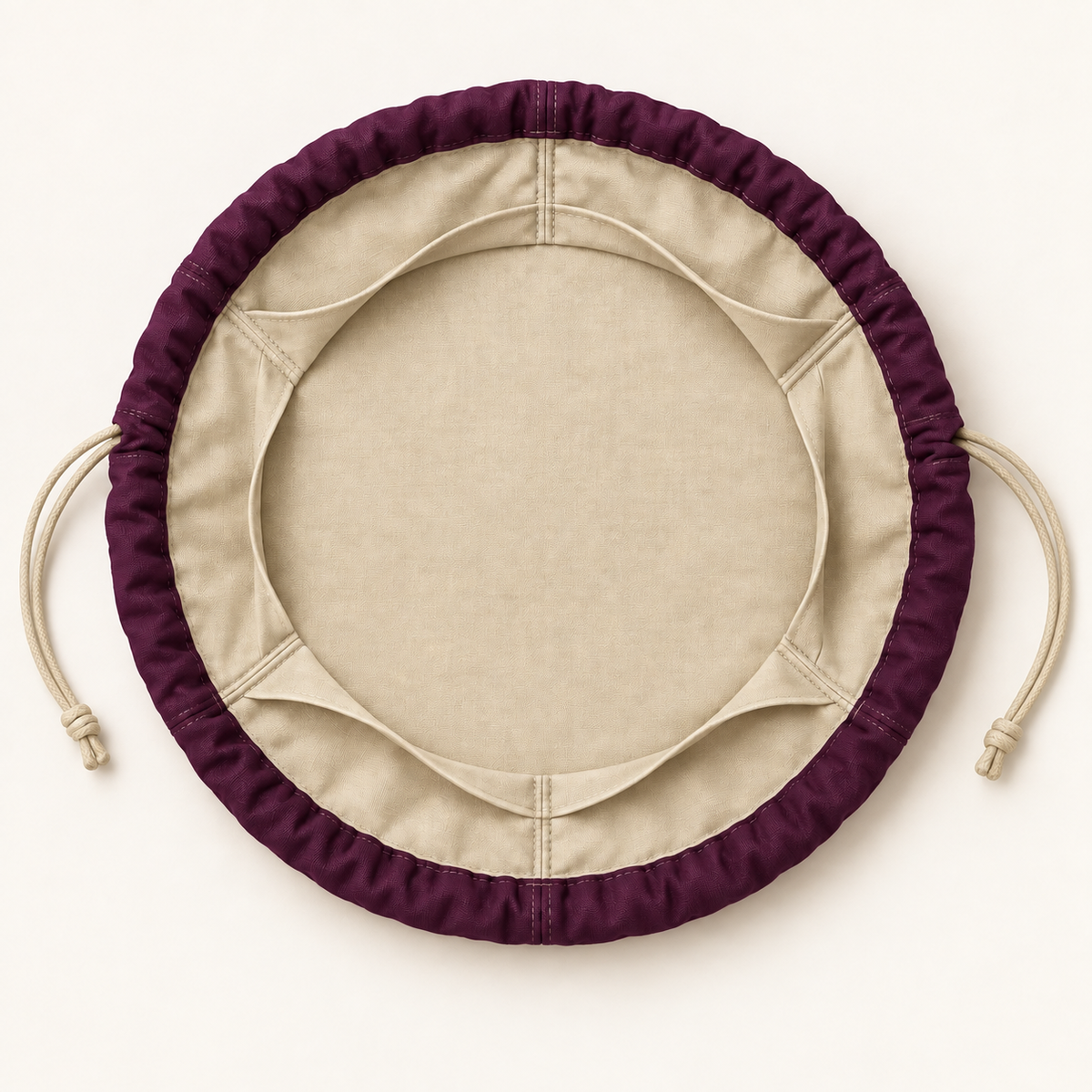 AI design preview: plum and flax color option of the same open six-pocket circular dice bag.
