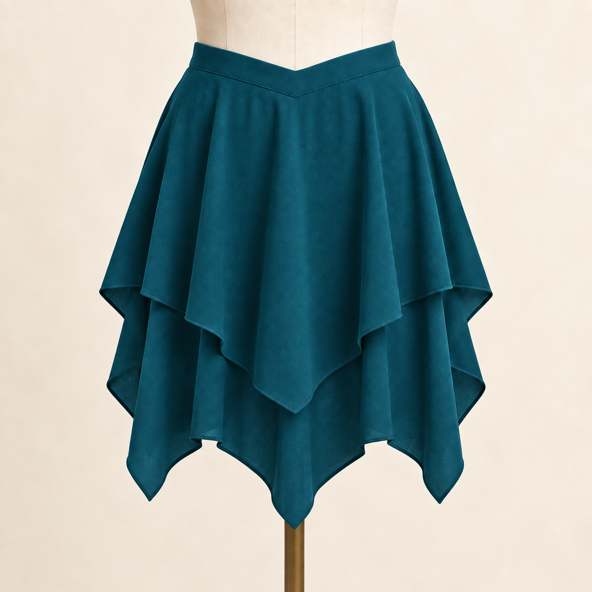 AI design preview: deep-petrol front palette of the same short two-layer handkerchief skirt