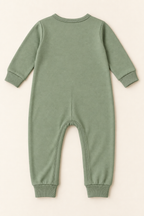 AI concept back view of a sage knit baby coverall with long sleeves and cuffed legs