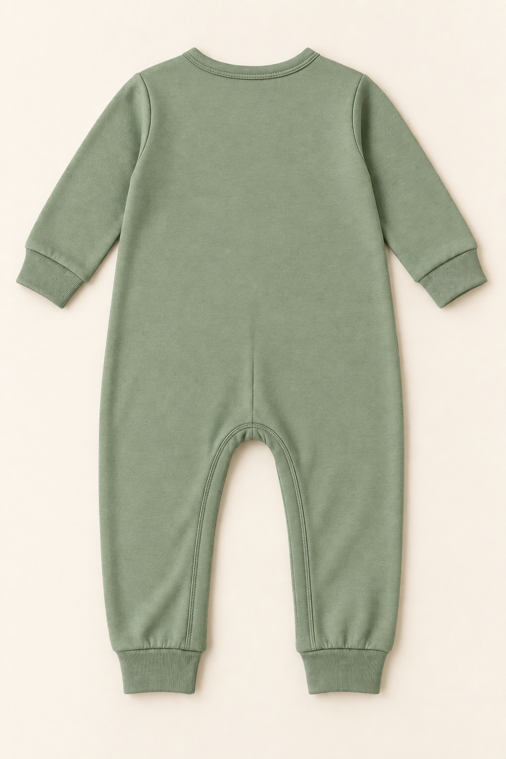 AI concept back view of a sage knit baby coverall with long sleeves and cuffed legs