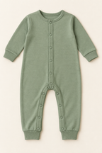 AI concept front view of a sage long-leg knit baby coverall with front and inner-leg snap openings