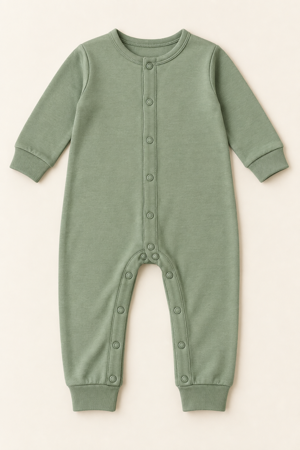 AI concept front view of a sage long-leg knit baby coverall with front and inner-leg snap openings