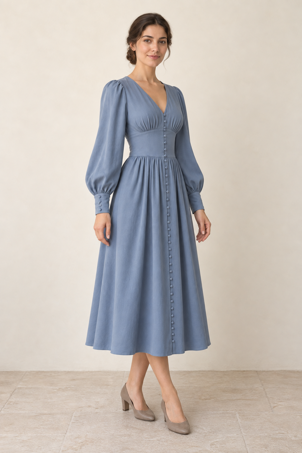 AI design preview: three-quarter view of the same woman in the dusty-blue gathered-bust dress with buttoned cuffs and front loops