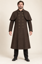 AI design preview: ink-brown men's double-breasted duster with twelve buttons and an attached curved shoulder capelet