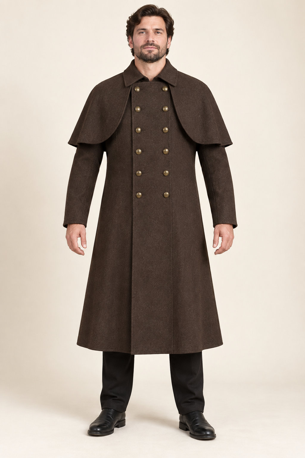 AI design preview: ink-brown men's double-breasted duster with twelve buttons and an attached curved shoulder capelet