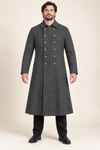 AI design preview: storm-grey men's double-breasted duster with the capelet removed to show the complete sleeved coat
