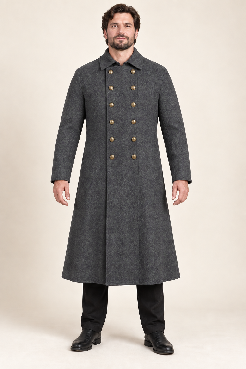 AI design preview: storm-grey men's double-breasted duster with the capelet removed to show the complete sleeved coat