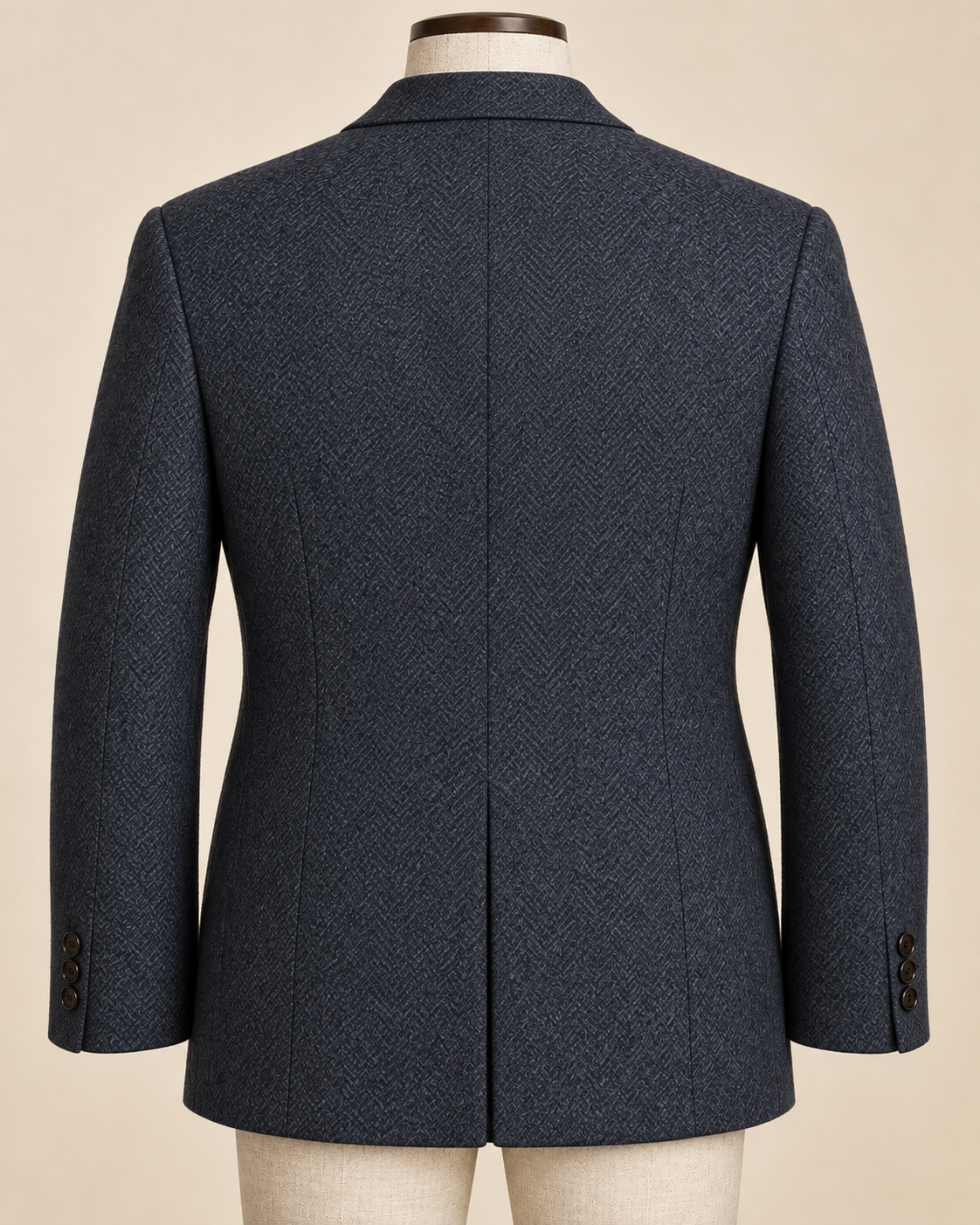 AI concept back view of men's tailored sport coat with shaped seams and single center vent.