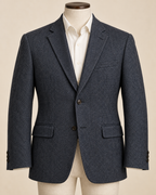 AI concept front view of charcoal men's two-button sport coat with notched lapels and flap pockets.