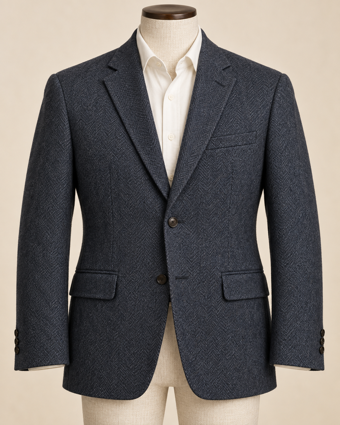 AI concept front view of charcoal men's two-button sport coat with notched lapels and flap pockets.